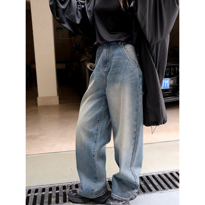 Women's Wide High-Waist Denim Baggy Pants with Vintage Fade and Diagonal Pocket Detail EVA-US