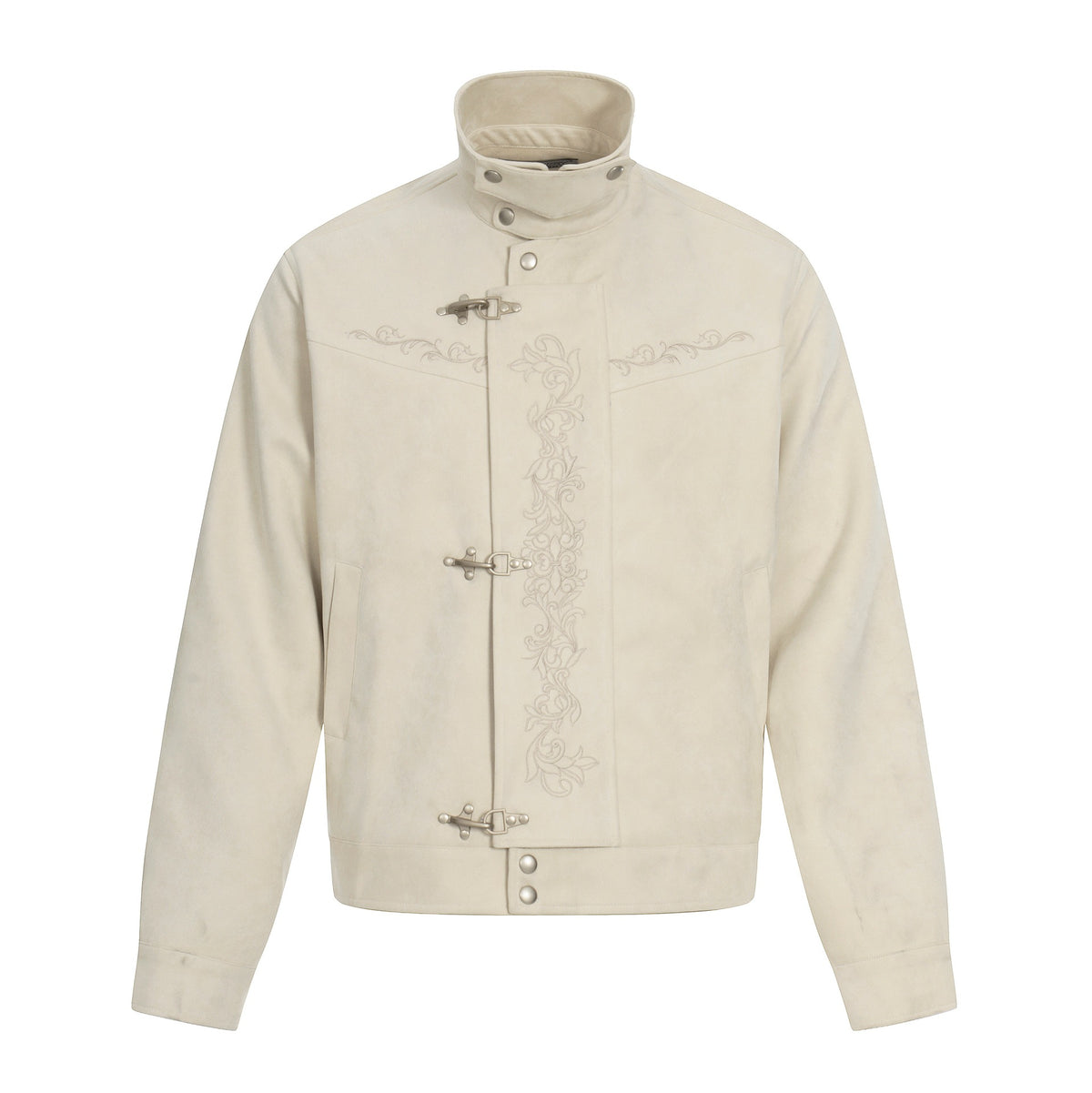 Men's short-cut suede leather blouson with stand-up collar, decorative embroidery, and toggle closure EVA-US