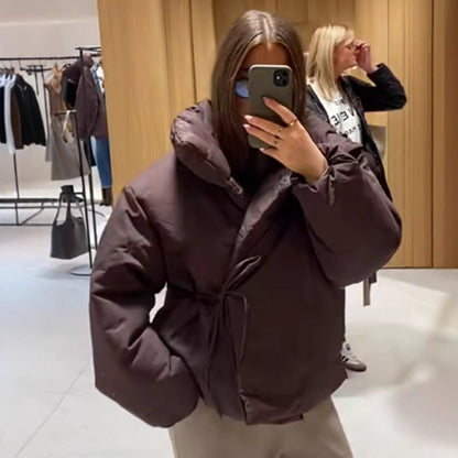 Women Short Padded Oversized Puffer Jacket with Hood and Tie Belt EVA-US
