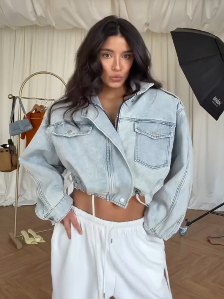 Women's Cropped Denim Jacket with Drawstring, Boxy Oversized Silhouette & Flap Pockets EVA-US