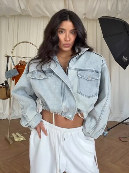 Women's Cropped Denim Jacket with Drawstring, Boxy Oversized Silhouette & Flap Pockets EVA-US
