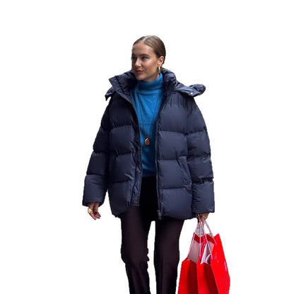 Women's Oversize Quilted Puffer Jacket with Removable Hood and Two-Way Zipper EVA-US