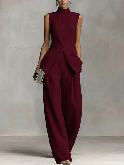 Women's Suit with Stand Collar and Wide Legs – Sleeveless Top & Marlene Pants