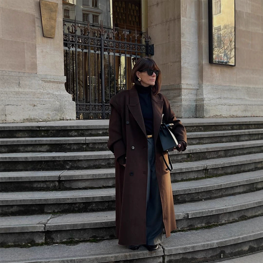 Women's Oversize Wool Blend Coat with Extended Cocoon Cut and Double-Breasted EVA-US