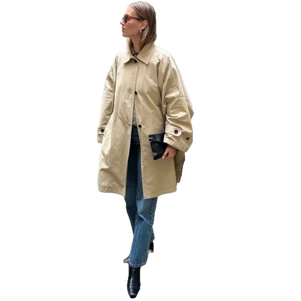 Women's Oversize Cotton Blend Trench Coat with Mid-Length, Straight Cut EVA-US