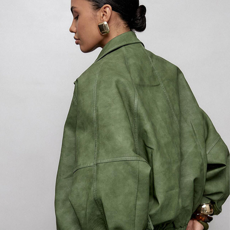 Women's Oversize Faux Leather Jacket in Boxy Cut with Raglan Sleeves and Two-Way Zipper EVA-US