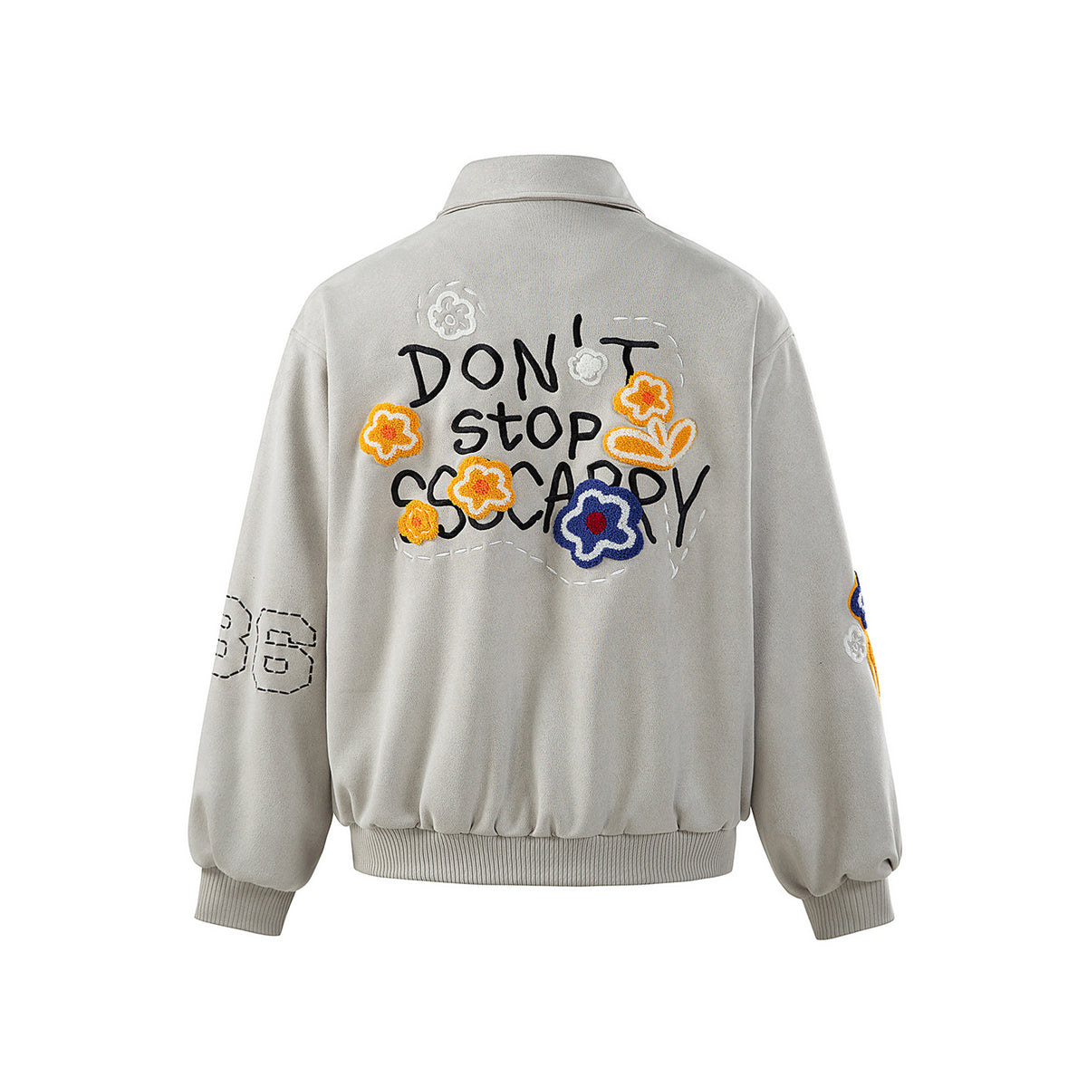 Unisex Boxy Blouson Jacket with Embroidered Floral Patches and Elastic Hem EVA-US