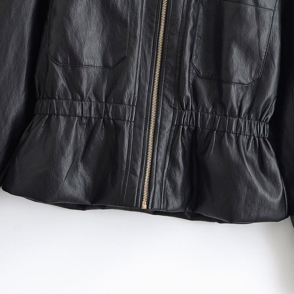 Women's Boxy Faux Leather Blouson with Elastic Waistband, Patch Chest Pockets and Visible Zipper Detail