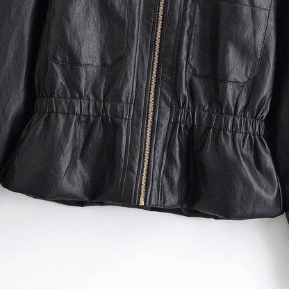 Women's Boxy Faux Leather Blouson with Elastic Waistband, Patch Chest Pockets and Visible Zipper Detail