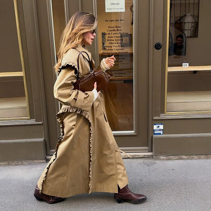 Women's maxi long trench coat with flounce shoulder cape and adjustable cuffs EVA-US