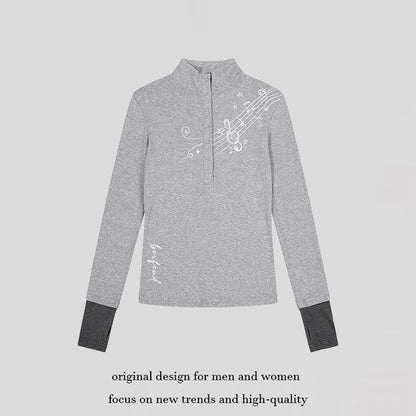 Women's Long Sleeve Polo Shirt with Stand-Up Collar, Button Placket and Note Print EVA-US