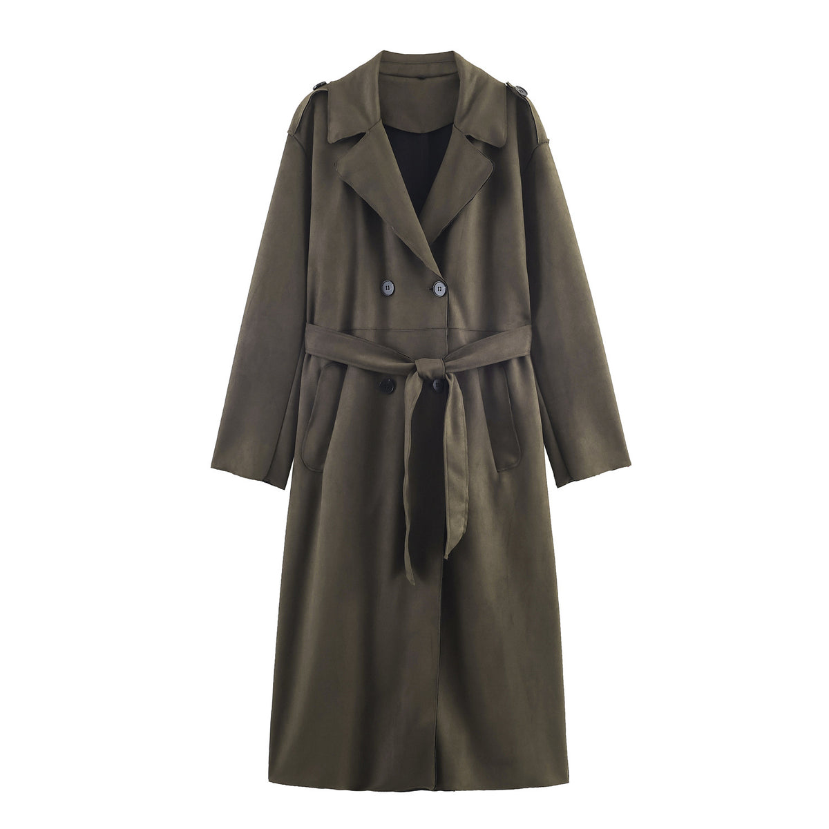 Women's Mid-length Trench Coat with Tied Belt and Shoulder Straps EVA-US