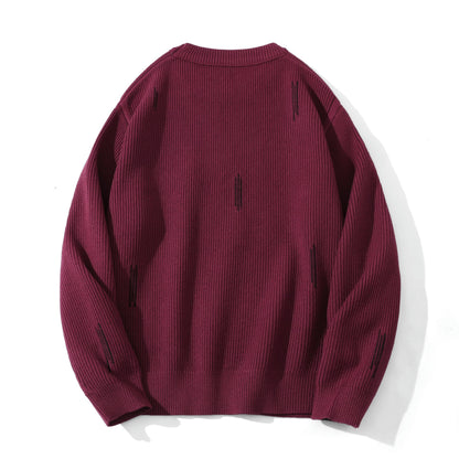 Women Comfortable Ribbed Knit Sweater in Oversize Silhouette with Round Neck and Subtle Destroyed Look
