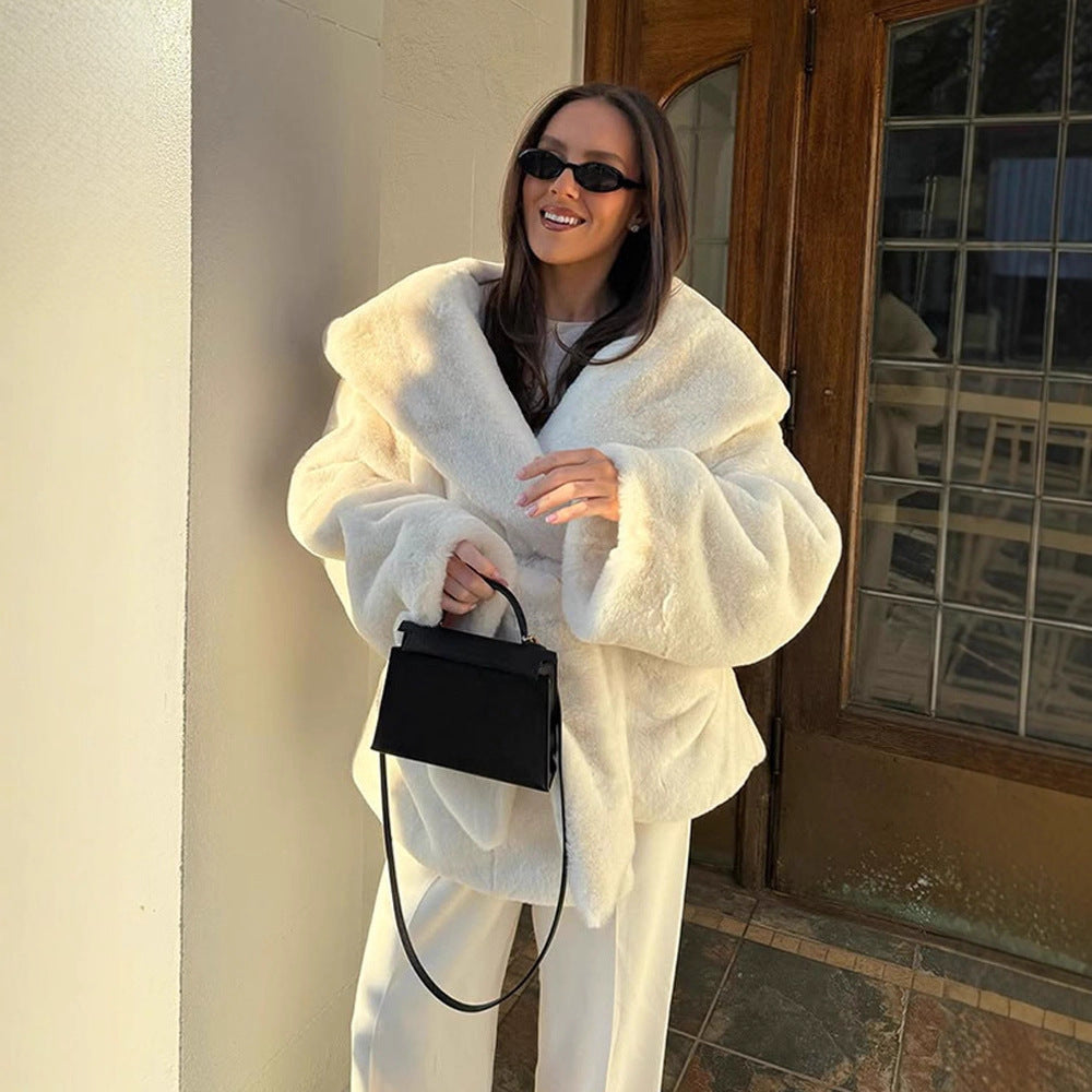 Women's Oversize Teddy Coat with Extra Large Shawl Collar and Wrap Belt EVA-US