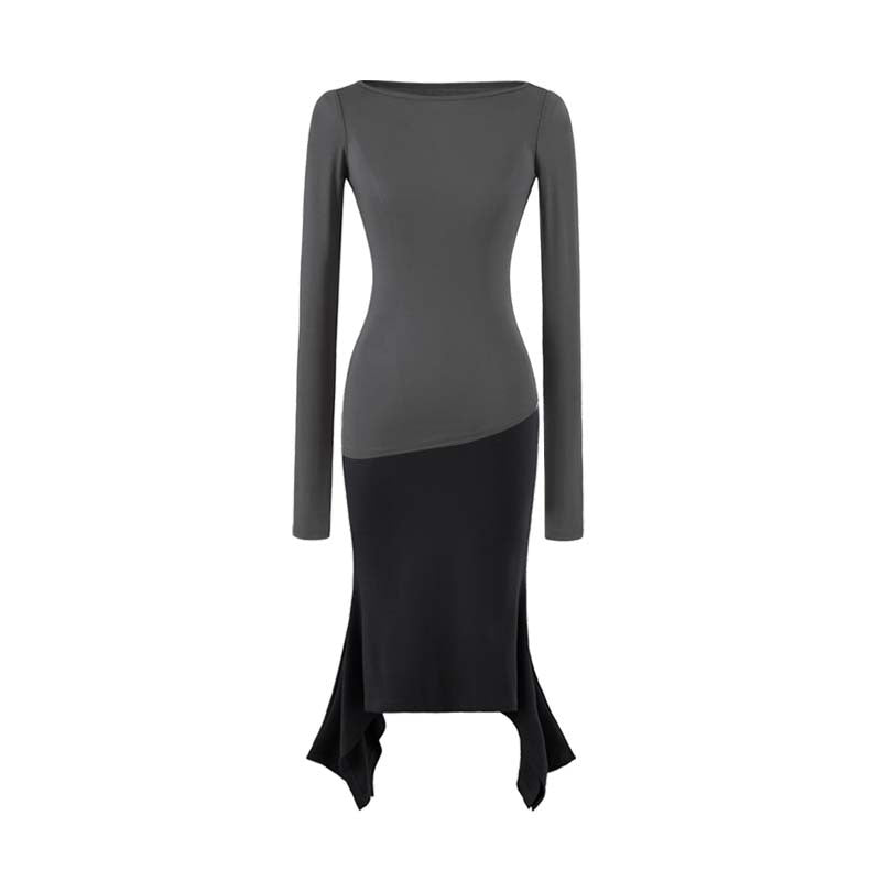 Women Figure-Hugging Midi Dress with Asymmetrical Hem and Panel Design EVA-US