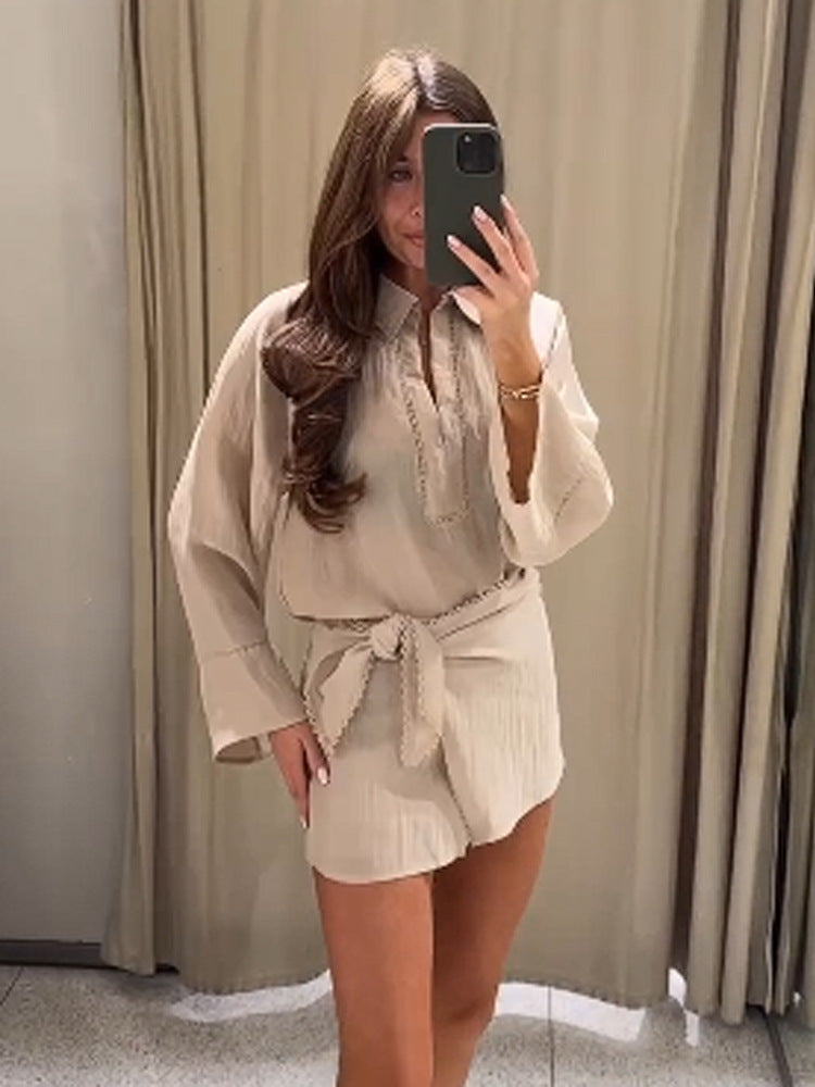 Ladies Lightweight Crinkle Two-Piece with Oversized Shirt and Wrap Mini Skirt EVA-US