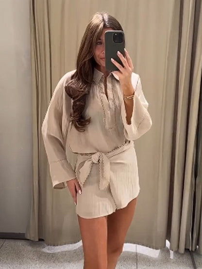 Ladies Lightweight Crinkle Two-Piece with Oversized Shirt and Wrap Mini Skirt EVA-US