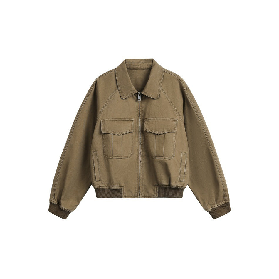 Women's cropped boxy bomber jacket made of cotton blend with flap pockets and full-length zipper EVA-US