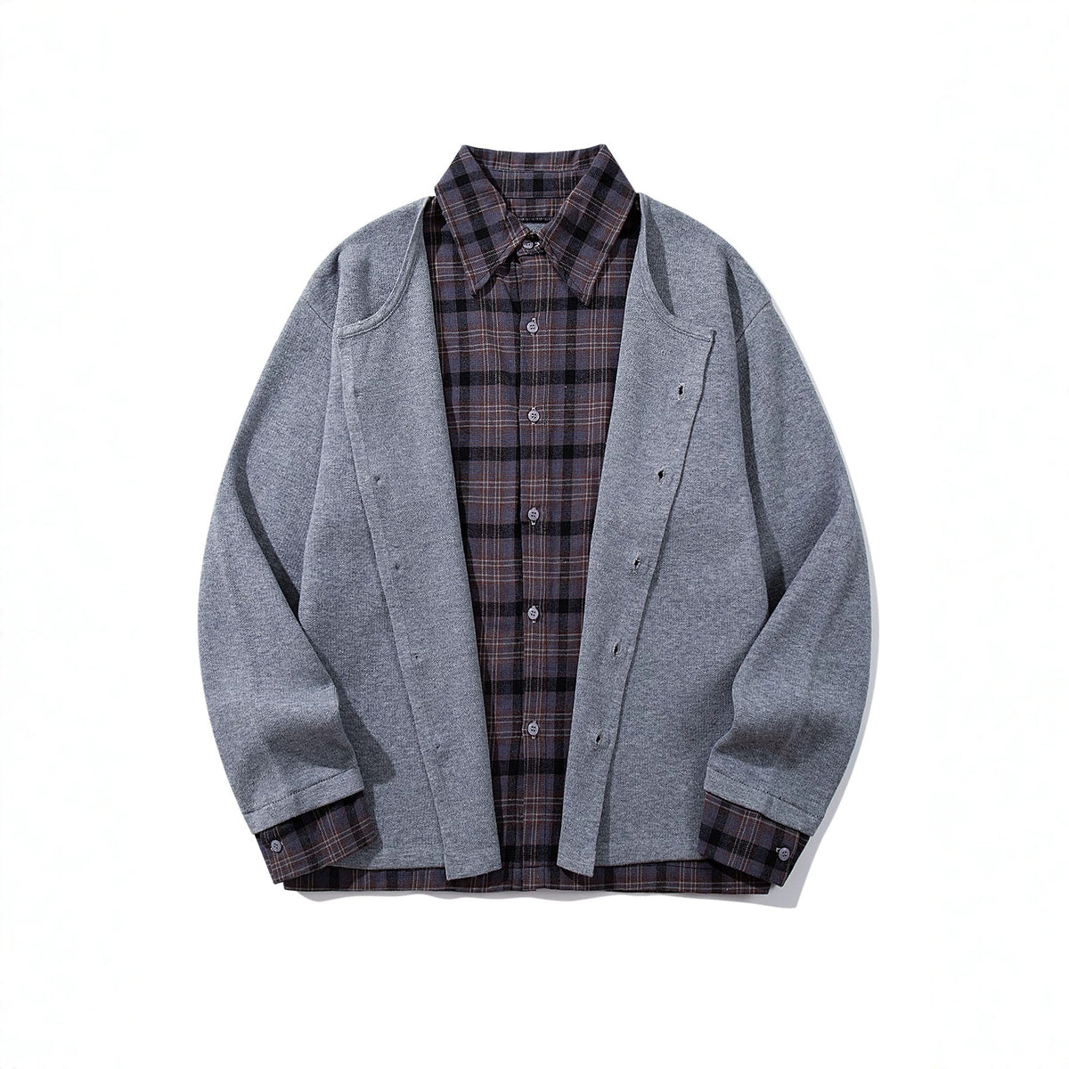 Men's Checked Flannel Shirt Layer with Open Knit Cardigan EVA-US