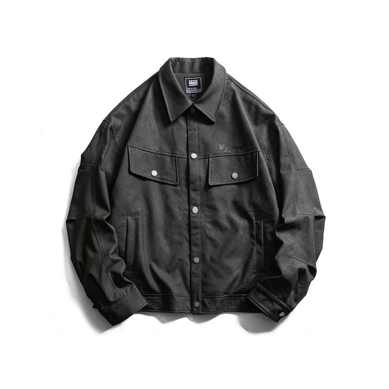 Men's short-cut canvas trucker with velour look, flap pockets and press stud placket EVA-US