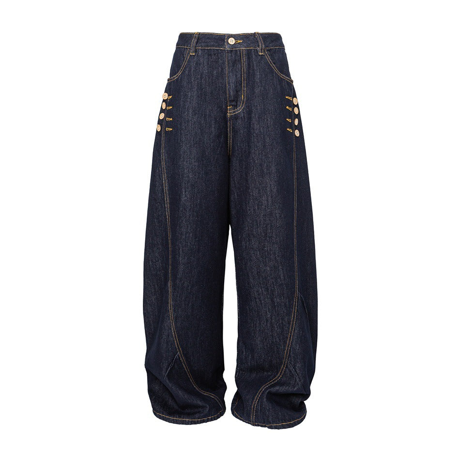 Women's Wide High-Waist Jeans with Balloon Silhouette and Side Decorative Buttons EVA-US