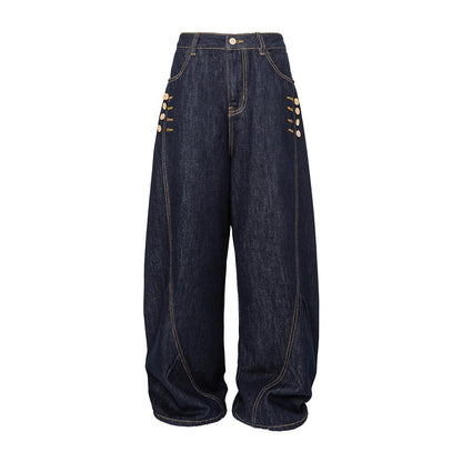 Women's Wide High-Waist Jeans with Balloon Silhouette and Side Decorative Buttons EVA-US