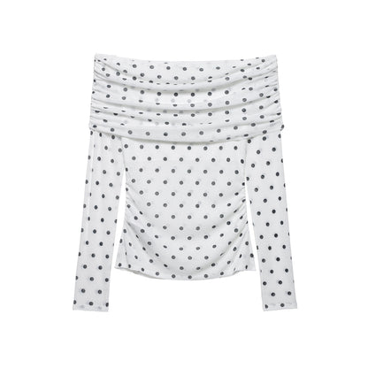 Women's Off-Shoulder Long Sleeve Top with Draped Overlap Collar and Polka Dot Pattern EVA-US