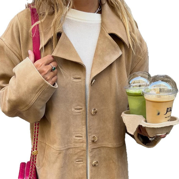 Women's short coat in suede look with boxy silhouette, horn button front & patch pockets EVA-US