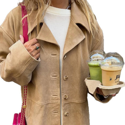 Women's short coat in suede look with boxy silhouette, horn button front & patch pockets EVA-US