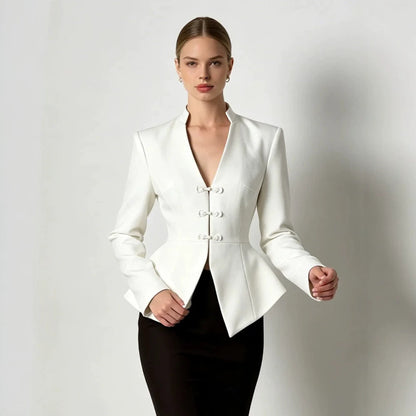 Women's Tailored Peplum Blazer with Mandarin Collar and Decorative Knot Fastenings EVA-US
