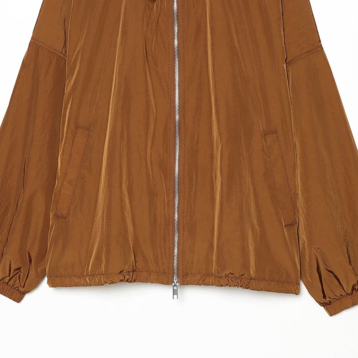 Women's Lightweight Hooded Wind Jacket made of Shiny Nylon with Drawstring and Two-Way Zipper EVA-US