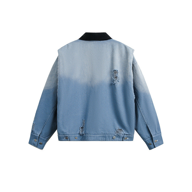 Men's Cropped Denim Blouson Jacket in Used Look with Cord Collar and Distressed Details EVA-US