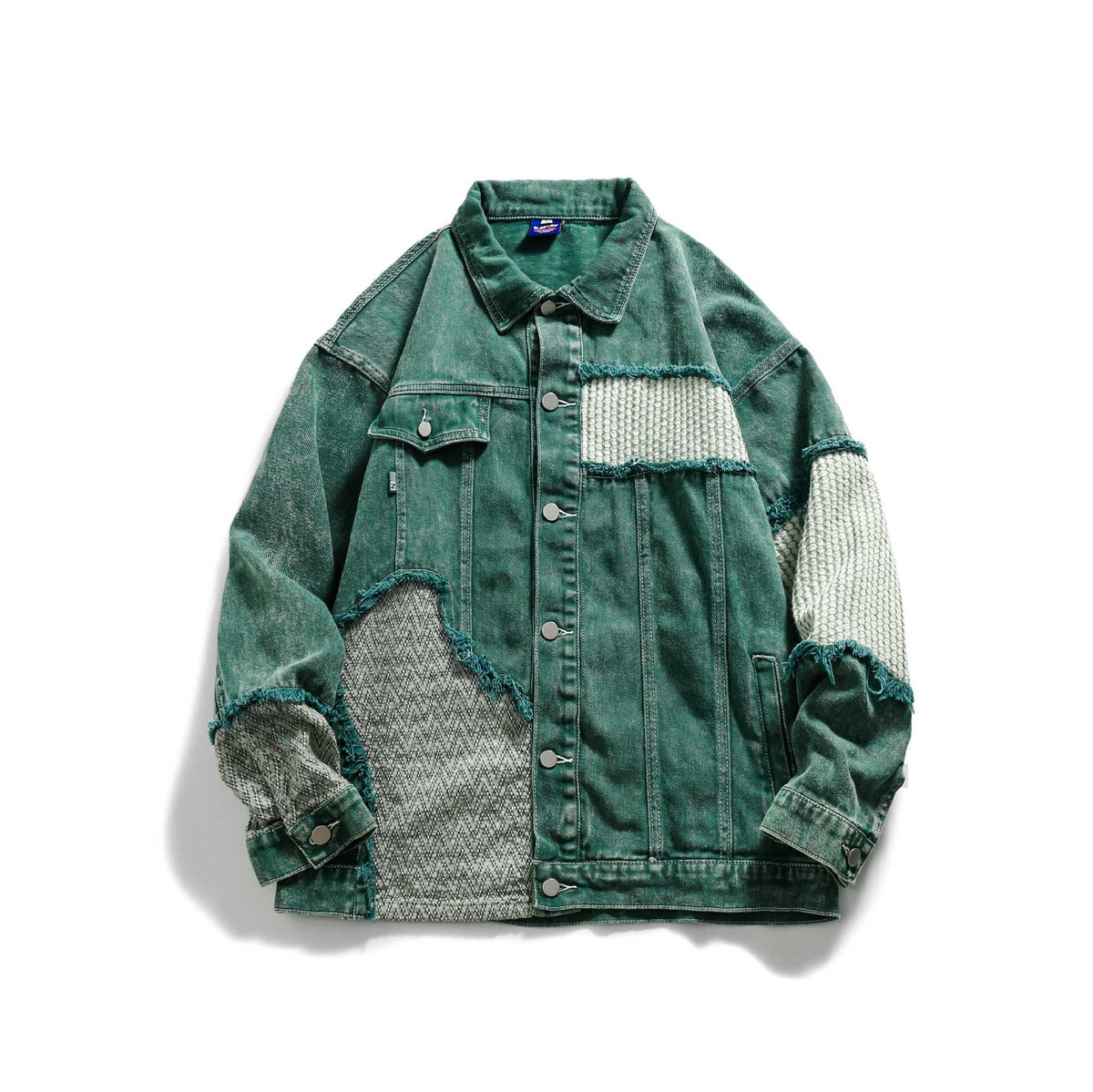 Unisex Patchwork Denim Jacket with Knitted Inserts and Frayed Edges EVA-US