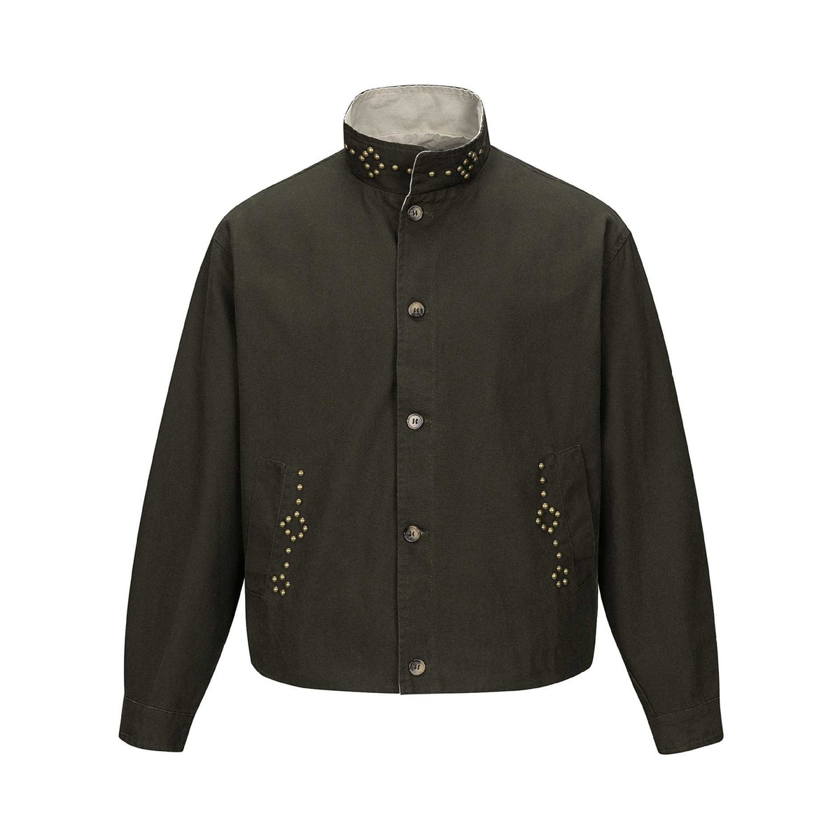 Unisex Short Blouson Jacket with High-Collar Studded Neck and Utility Pockets EVA-US