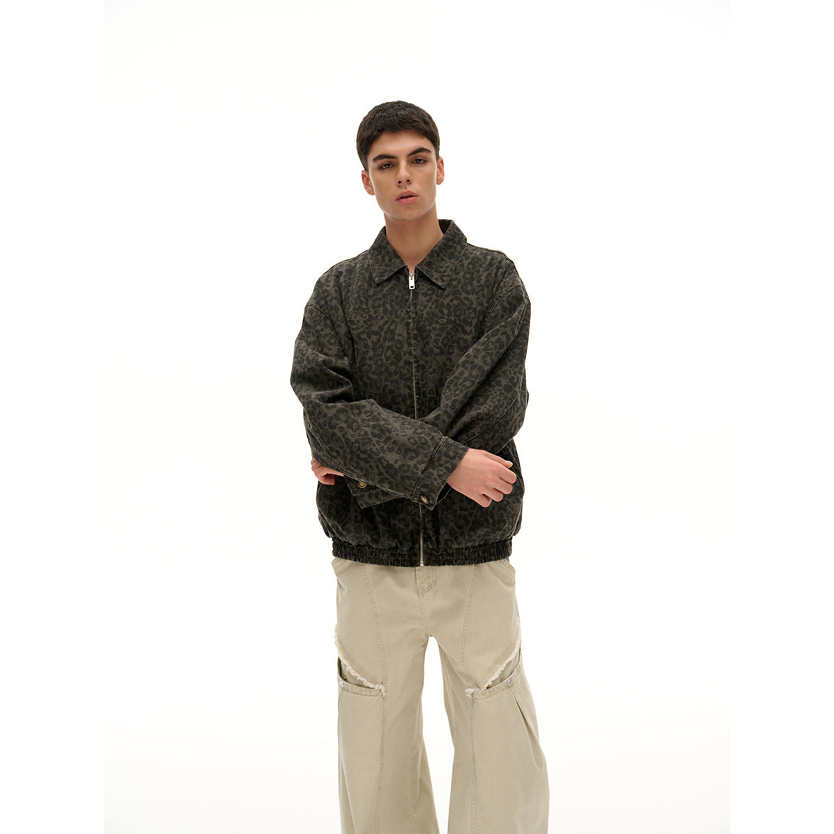 Unisex Lightly quilted Boxy jacket in denim look with tonal leopard print and elastic hem EVA-US