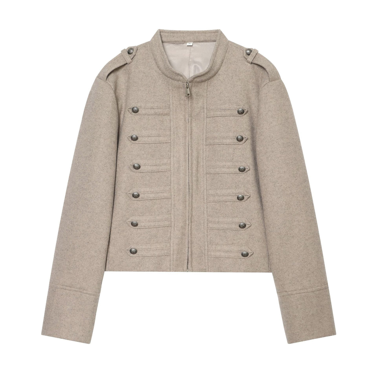 Women's Short Jacket Military-inspired Wool Blend Cropped Jacket with Stand Collar, Epaulettes and Decorative Button Placket EVA-US