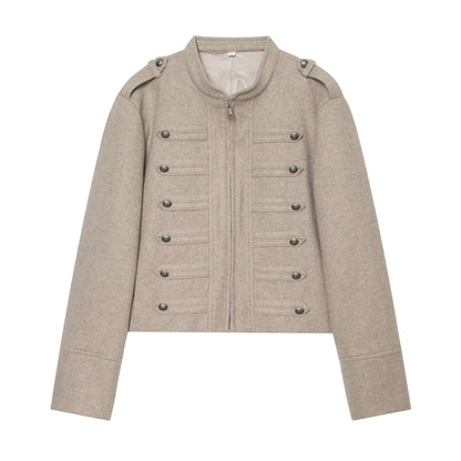 Women's Short Jacket Military-inspired Wool Blend Cropped Jacket with Stand Collar, Epaulettes and Decorative Button Placket EVA-US