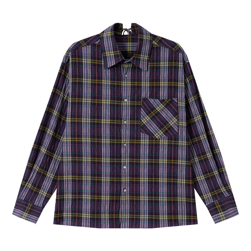 Women's Oversize Check Blouse made of light cotton blend with diagonal chest pocket detail EVA-US
