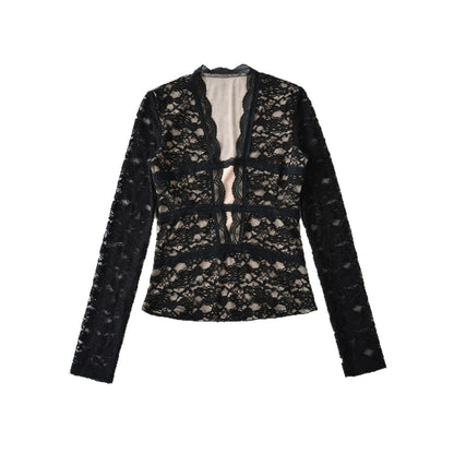 Women's Transparent Lace Blouse with V-Neck, Tailored Inserts and Long Sleeves EVA-US