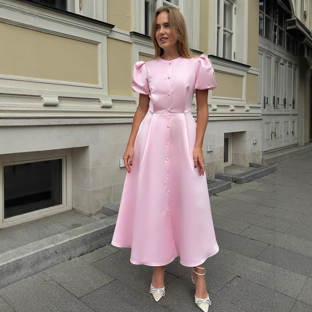Ladies' midi dress made of satin with voluminous puff sleeves, fitted A-line and continuous button placket EVA-US