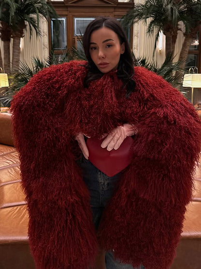 Women Extravagant Oversize Faux Fur Coat with Long Pile Curl Structure EVA-US