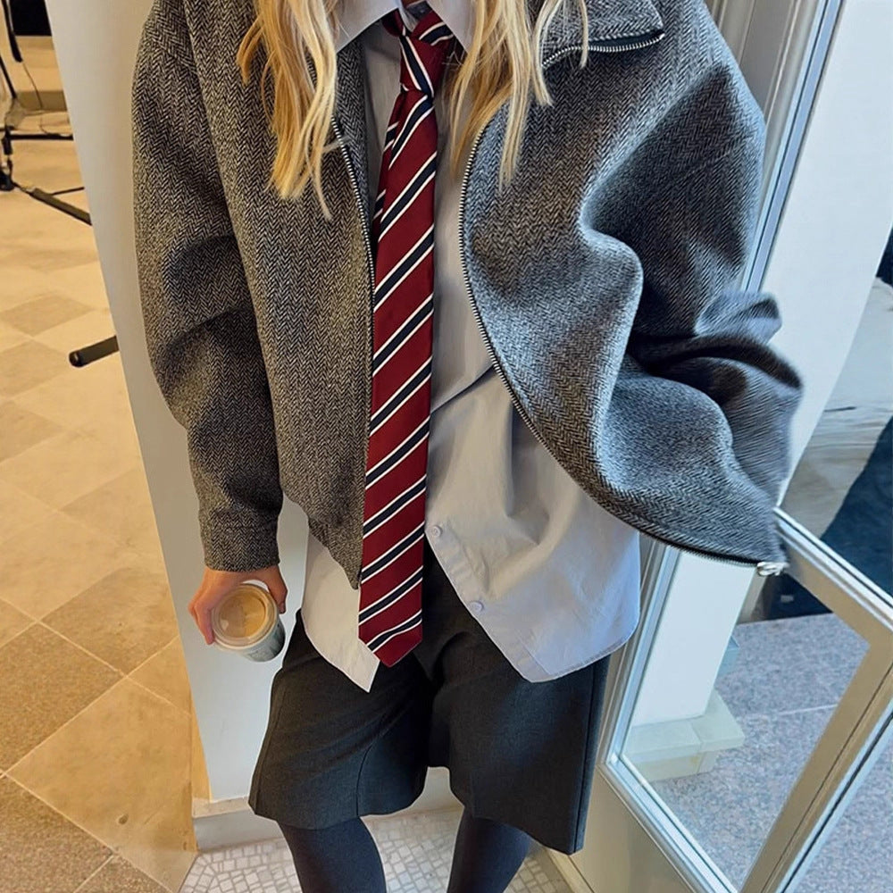 Ladies short jacket in herringbone wool blend with zip and elastic hem EVA-US