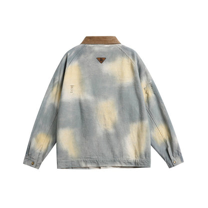 Men's Oversized Denim Jacket with Corduroy Collar and Tie-Dye Effect EVA-US