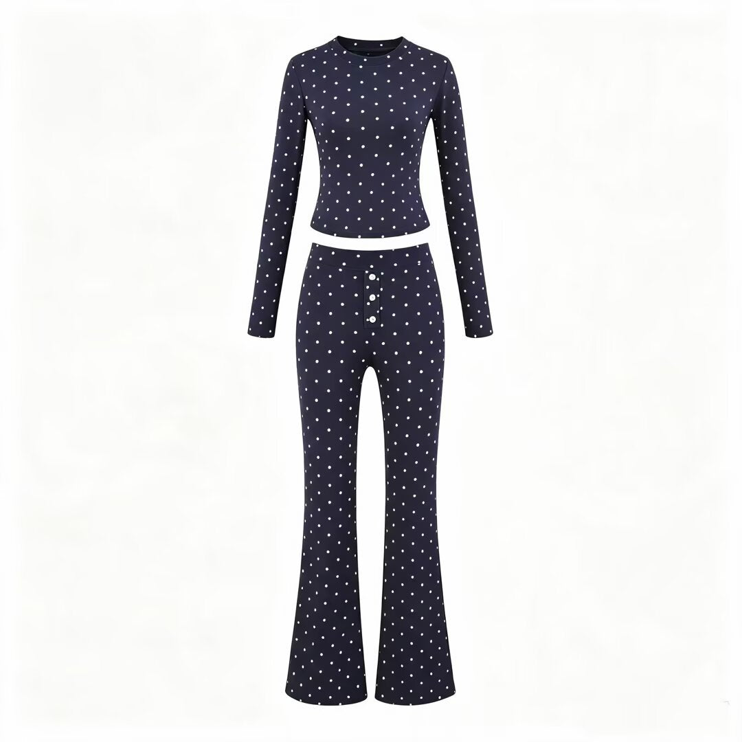 Women Two-Piece Stretch Jersey Lounge Set with Cropped Long Sleeve and High-Waist Flared Pants EVA-US