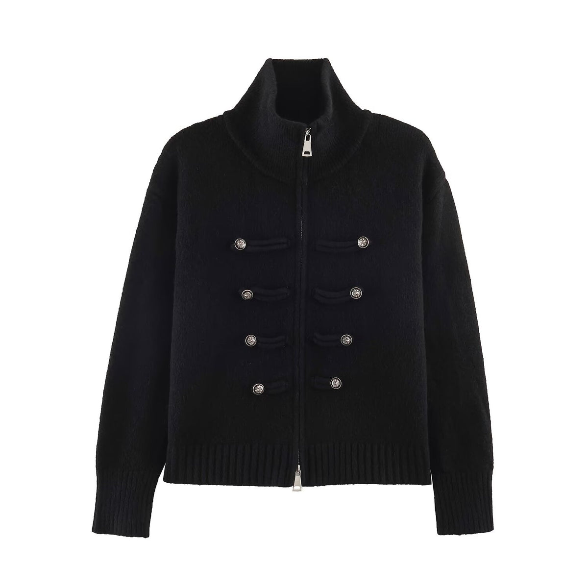 Women's cardigan with zipper, high stand-up collar, and decorative button plackets EVA-US