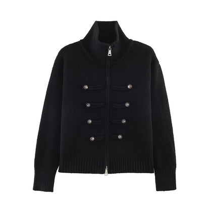 Women's cardigan with zipper, high stand-up collar, and decorative button plackets EVA-US