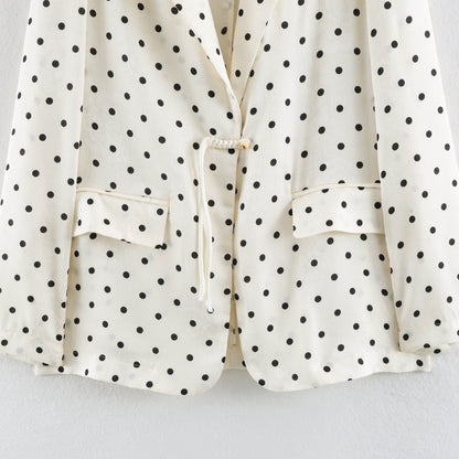 Ladies Light Polka Dot Blazer with Lapels, Drawstring Waist and Flap Pockets EVA-US
