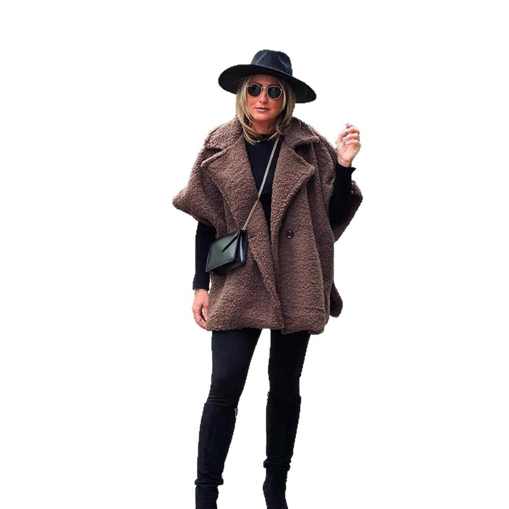 Women's Short Teddy Cape with Shawl Collar and Concealed Button Placket EVA-US