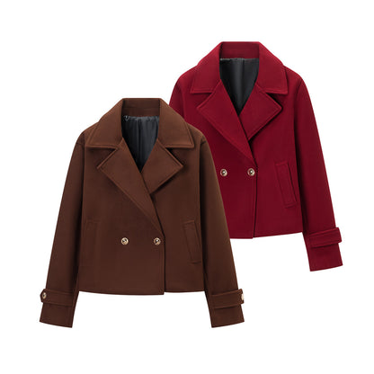 Women Short Double-Breasted Wool Mix Short Coat with Large Lapels, Roll-Up Cuffs and Flap Pockets EVA-US