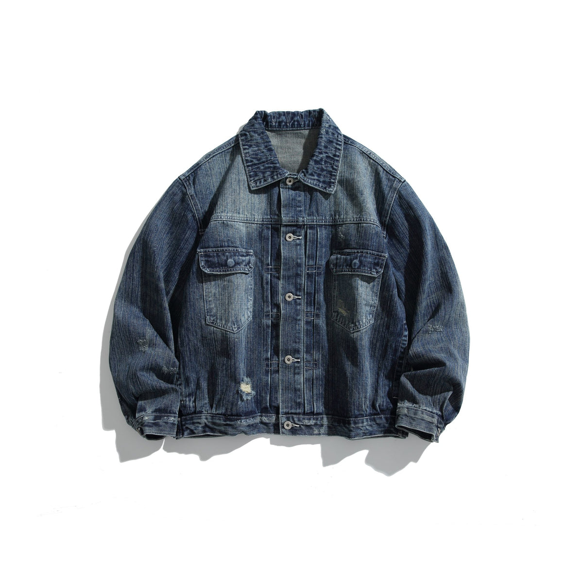Unisex Oversized Denim Jacket in Vintage Look with Artificial Worn Areas and Chest Pockets EVA-US